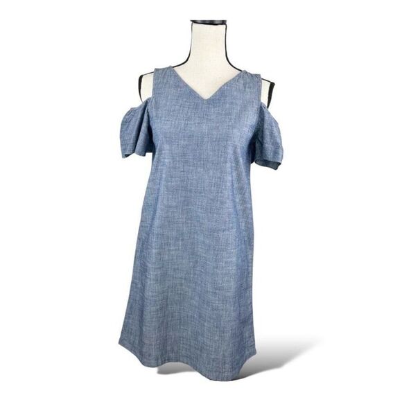 Land's End Cold Shoulder Chambray Dress With V-Neck & Short Sleeves Size 14 - Picture 2 of 14